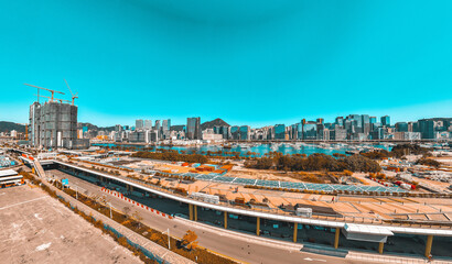 Obraz premium Panoramic aerial view of Hong Kong city in Orange and Teal color tone
