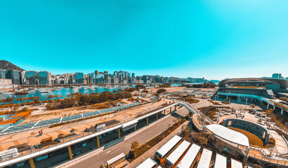 Obraz premium Panoramic aerial view of Hong Kong city in Orange and Teal color tone
