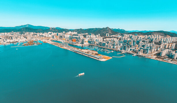 Panoramic aerial view of Hong Kong city in Orange and Teal  color tone