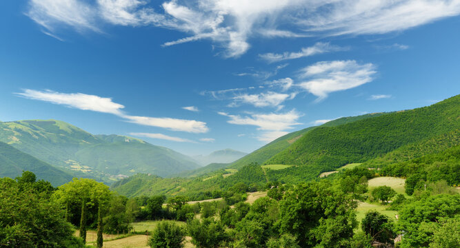 Evening view of Sibylline Mountains, one of the major mountain groups of italic peninsula. Monti Sibillini National Park, Italy.