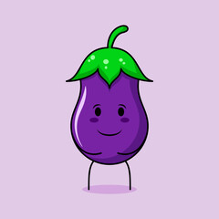 cute eggplant character with smile and happy expression, both hands on stomach. green and purple. suitable for emoticon, logo, mascot and icon