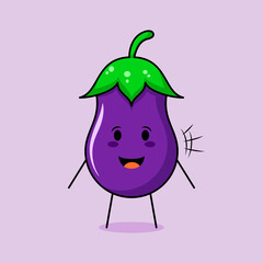 cute eggplant character with smile and happy expression. mouth open. green and purple. suitable for emoticon, logo, mascot and icon