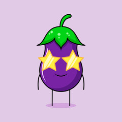 cute eggplant character with smile expression and stars eyeglasses. greenand purple. suitable for emoticon, logo, mascot or sticker
