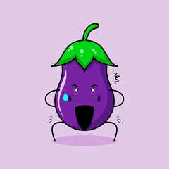 cute eggplant character with shocked expression, two hands on head and mouth open. green and purple. suitable for emoticon, logo, mascot or sticker