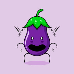 cute eggplant character with shocked expression, mouth open and bulging eyes. green and purple. suitable for emoticon, logo, mascot or sticker