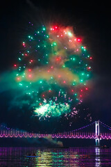 Red and turquoise fireworks against the backdrop of Gwangandaegyo Bridge.