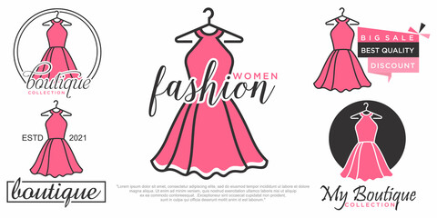 elegant logo template for fashion designer company with pink dress gown shape