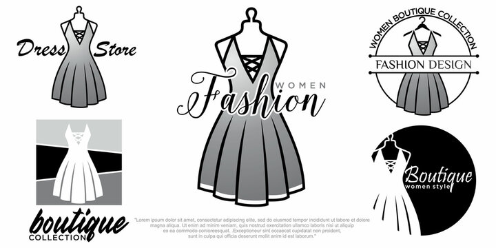 Fashion logo design with dress on mannequin. Fashion icon set logo art vector. Logo template.