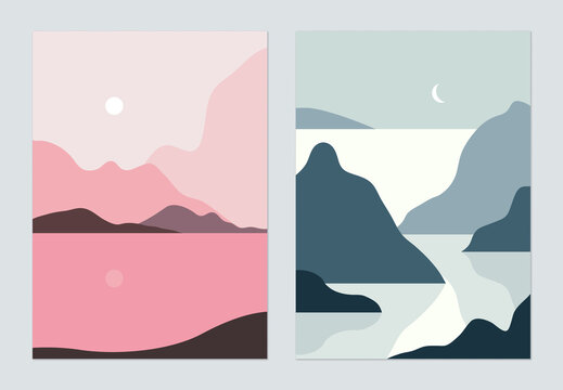 Minimalist landscape poster design, island in the sea at night