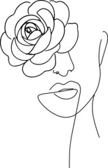 Women' faces in one line art style with flowers and leaves