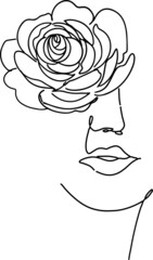 Women' faces in one line art style with flowers and leaves