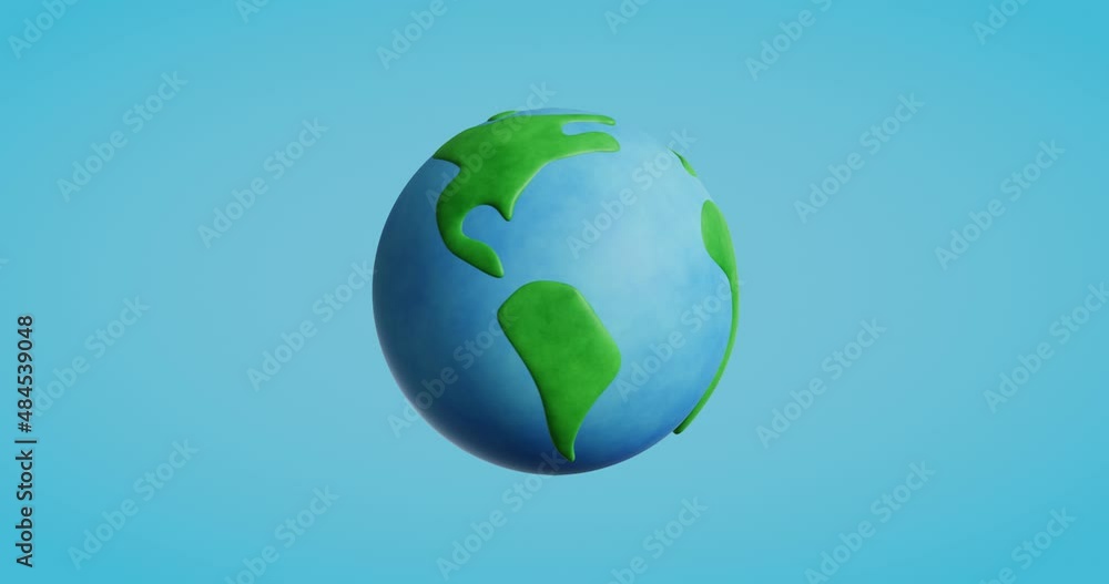 Poster 3d spinning cartoon earth on blue background.4k seamless loop animation.3d rendering illustration.