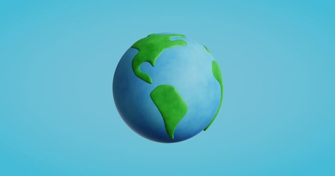 3d spinning cartoon earth on blue background.4k seamless loop animation.3d rendering illustration.