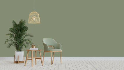 Wall mockup with furniture. tropical style. green wall. 3d rendering.