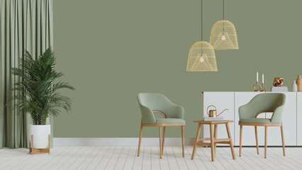 Wall mockup with furniture. tropical style. green wall. 3d rendering.