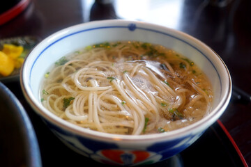 On a white porcelain plate, clear soup and noodles.