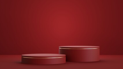 Abstract geometric shape podium for product display on red background. 3d rendering.