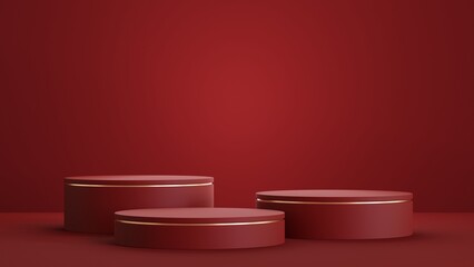 Abstract geometric shape podium for product display on red background. 3d rendering.