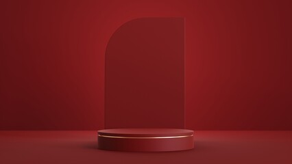 Abstract geometric shape podium for product display on red background. 3d rendering.