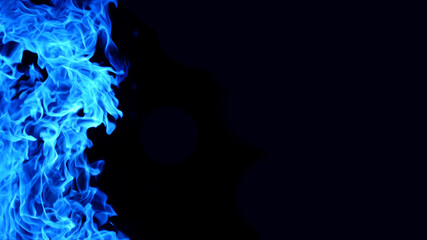 Horizontal image of a blue flame burning vigorously.