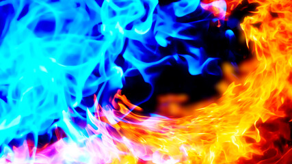 Background image of blue and red flames facing each other