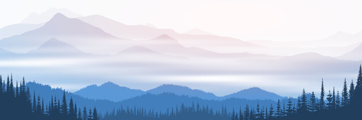 Vector illustration of mountains, valley in fog, morning light, panoramic view