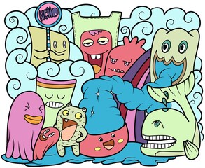Hand drawn illustration, doodle monster,