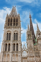 Fototapeta premium Fragment of the facade. The Gothic Style Cathedral of Rouen, Notre-Dame de l'Assomption Cathedral, Rouen, Normandy, France