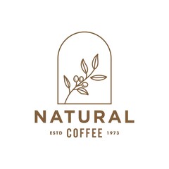 coffee bean plant branch hipster minimal logo vector with leaf simple line outline icon for natural cafe concept.