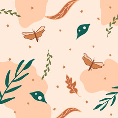 leaf with dragonfly illustration. scandinavian style. brown pastel with green colors. hand drawn vector. doodle art for wallpaper, poster, banner, scrapbook, wall decoration, greeting card, cover. 