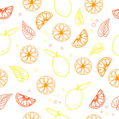 set of lemon fruit with leaf illustration isolated on white background. hand drawn vector, seamless pattern. orange fruit. doodle art for wallpaper, wrapping paper and gift, backdrop, fabric, textile.