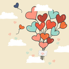 colorful heart balloons with envelope and white cloud illustration on pink background. floating heart balloons in the sky. hand drawn vector. doodle art for wallpaper, poster, greeting card, postcard.
