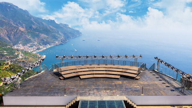 View over Gulf of Salerno from Villa Rufolo, Ravello. View of the stage for the Villa Rufolo Festival
