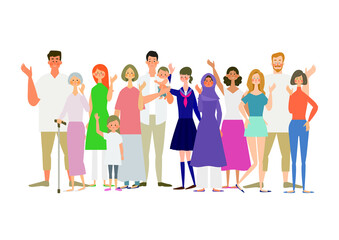 Obraz premium 様々な人が並んで手を振っているイラスト
