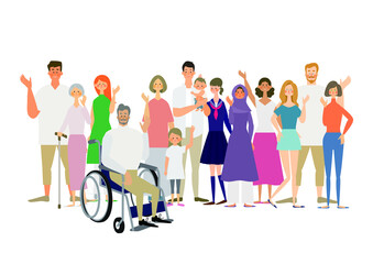 Obraz premium 様々な人が並んで手を振っているイラスト