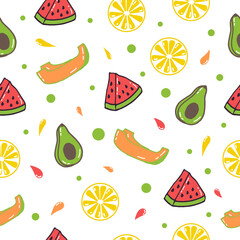 seamless pattern with set of tropical fruit icon on white background. hand drawn vector. watermelon, orange melon, avocado and lemon slice illustration. doodle art for wallpaper, fabric,wrapping paper