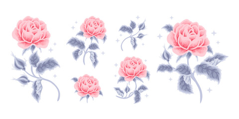 Set of vintage romantic pastel pink rose flower, lilac leaf branch feminine logo, beauty label illustration and clipart elements