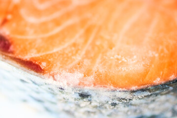 Top view close-up of pink salmon scales with space to copy. A piece of frozen salmon fillet. High quality photo