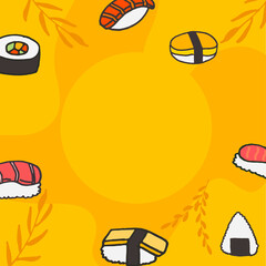 Fototapeta na wymiar sushi frame, border. set of sushi with leaf illustration on orange border. hand drawn vector. japanese food. fresh and delicious. doodle art for wallpaper, poster, banner, greeting card, presentation.