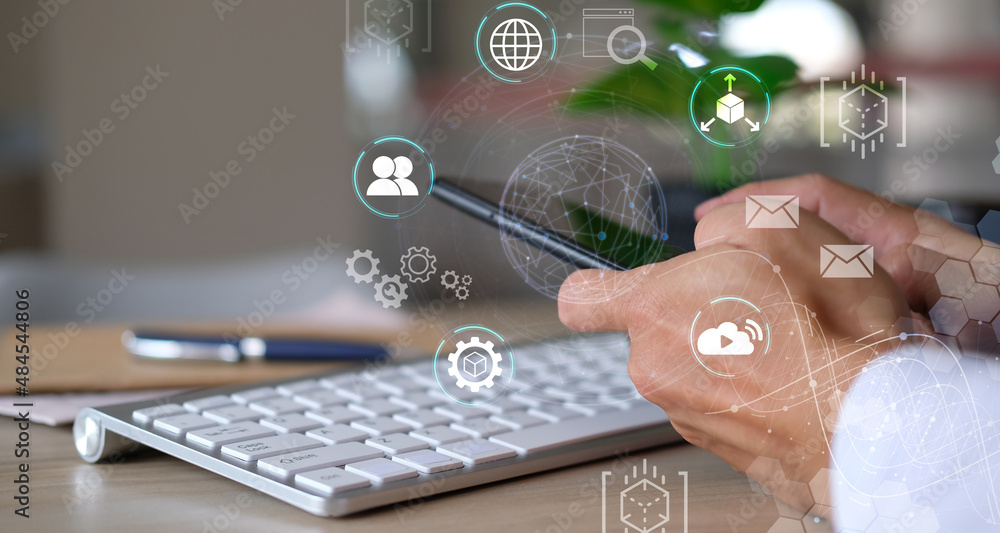 Poster businessman utilizing mobile smartphone and network connection data icon with global business, busin