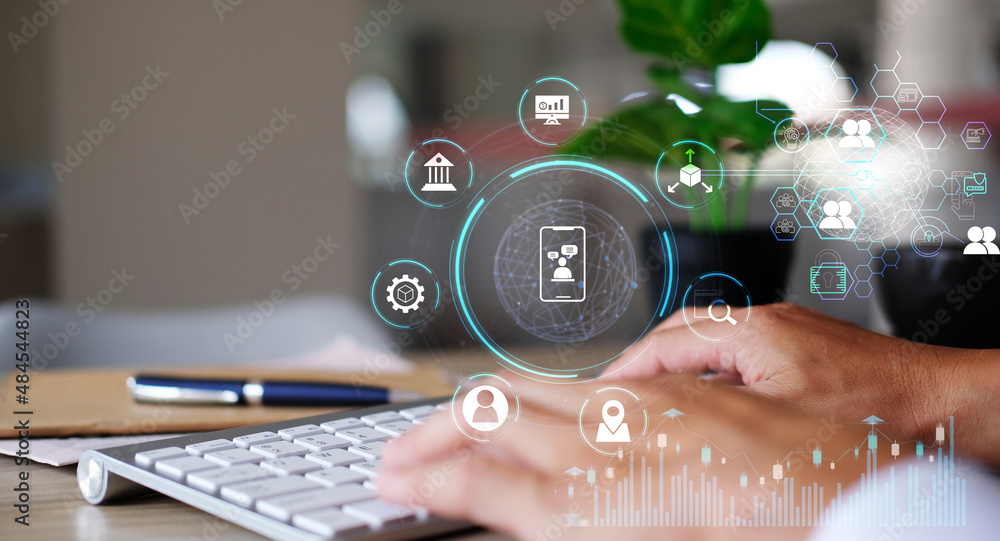 Poster businessman using computer and icon network connection data with customer growth graph, digital mark