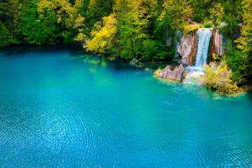 Plitvice Lakes National Park, Croatia. Summer view of beautiful waterfalls in Plitvice Lakes  - 484545013