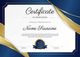 Modern elegant blue and gold certificate of achievement template with gold badge and border. Designed for diploma, award, business, university, school, and corporate.