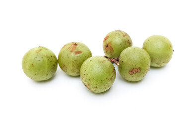 Organic green gooseberry with medicinal properties to relieve cough, sore throat. Isolated on white background.