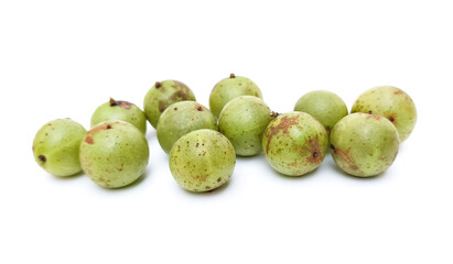 Organic green gooseberry with medicinal properties to relieve cough, sore throat. Isolated on white background.