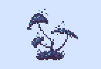 Illustration of a group of mushrooms in pixel art style