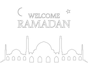 Fototapeta premium Ramadan Mubarak. The welcome holy month of Muslims. Islamic simple lines design. Nighttime in the mosque. Ramadan Kareem greeting card. vector illustration. Crescent moon and star.