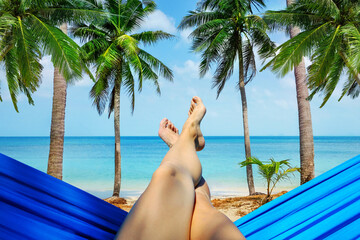 Hammock between two coconut trees on a tropical island with beautiful beach - 484547086