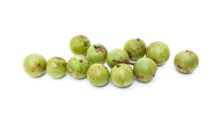 Organic green gooseberry with medicinal properties to relieve cough, sore throat. Isolated on white background.