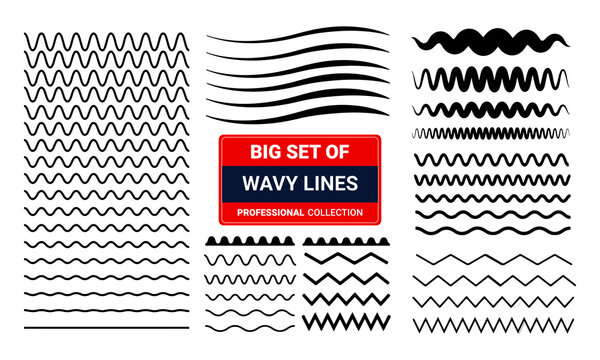 Big set of curvy and wavy lines graphic design elements patterns zig zag wavy line Black silhouette icon set isolated on white background vector illustration 04. 